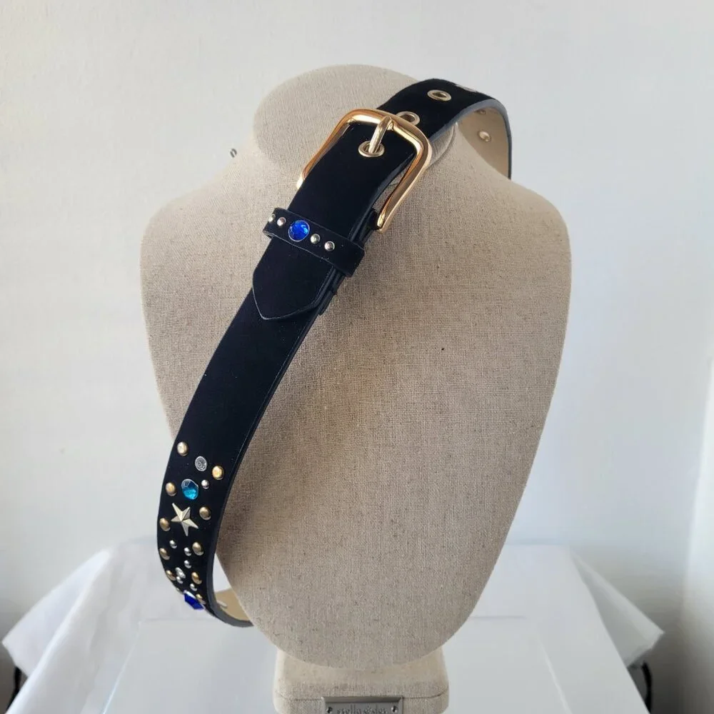 Rhinestone Star-Studded Black Velvet Metal Disco Glam Rocker Belt (Size: S/M)